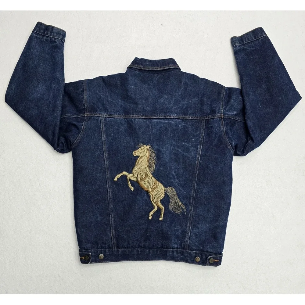 Black Blue Original Style Mens Denim Sherpa Lined Horse Jacket Dark Wash Medium